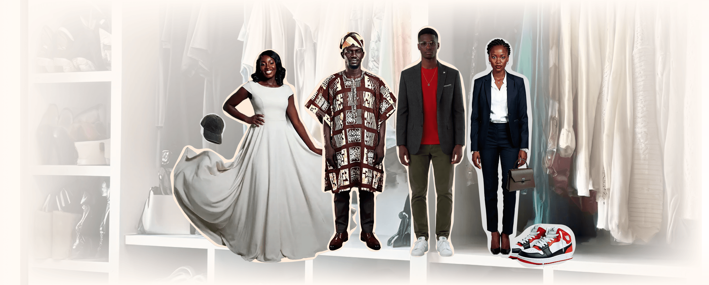 Four stylish people showcasing diverse fashion — a woman in white, man in traditional print, man in dark suit, woman in navy blazer